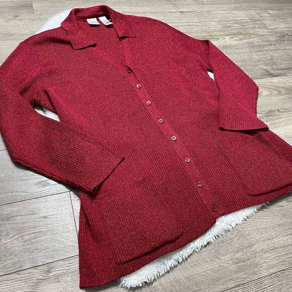Emma & James Sweater Size 1X Red Sparkle Top Cardigan Dressy Christmas Button Up - Picture 3 of 9